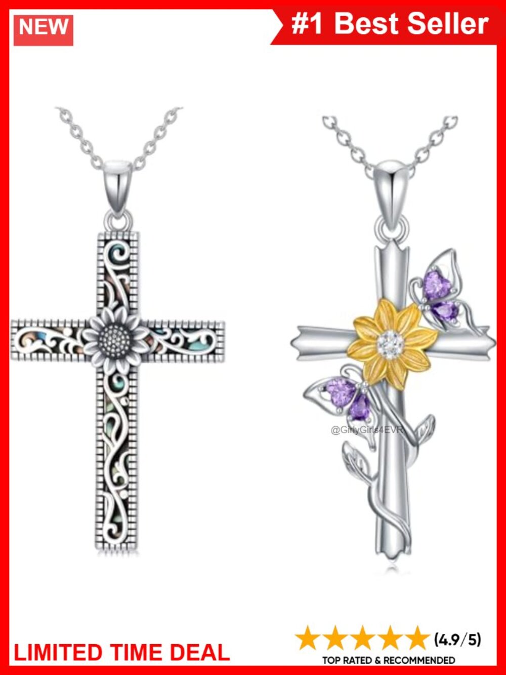 Sunflower Cross Pendant Necklace 925 Sterling Silver Abalone Religious
